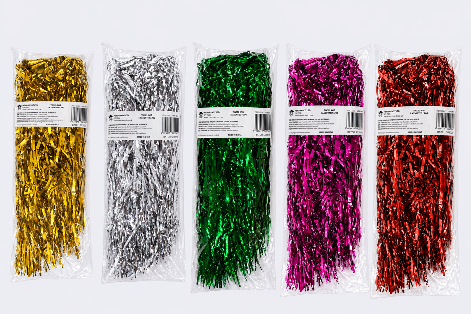 Henbrandt Tinsel Wigs – 5 Colour Bundle (Gold, Silver, Green, Red & Purple)